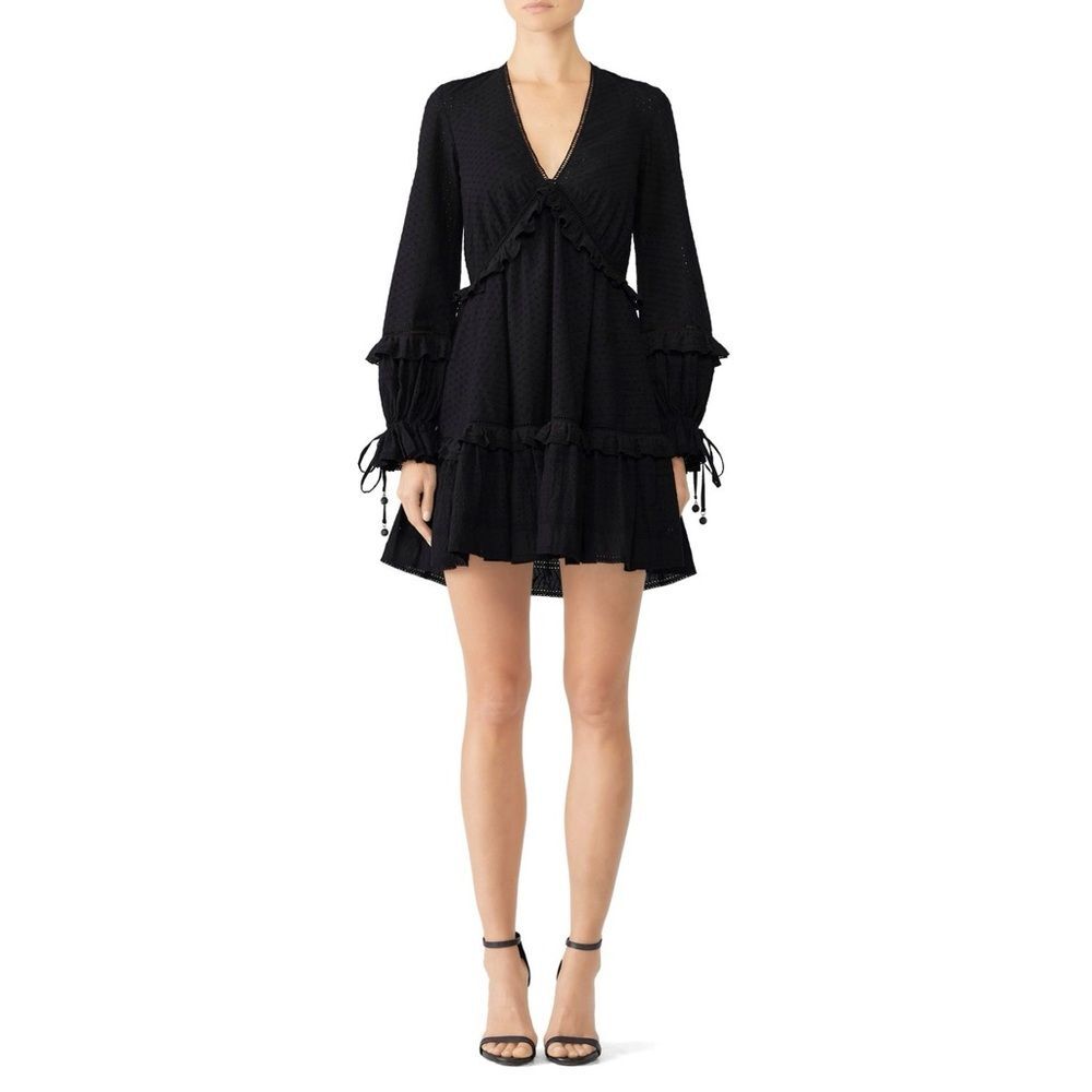 Jonathan Simkhai Embroidered Eyelet Ruffle V-Neck Dress in Black Size Medium